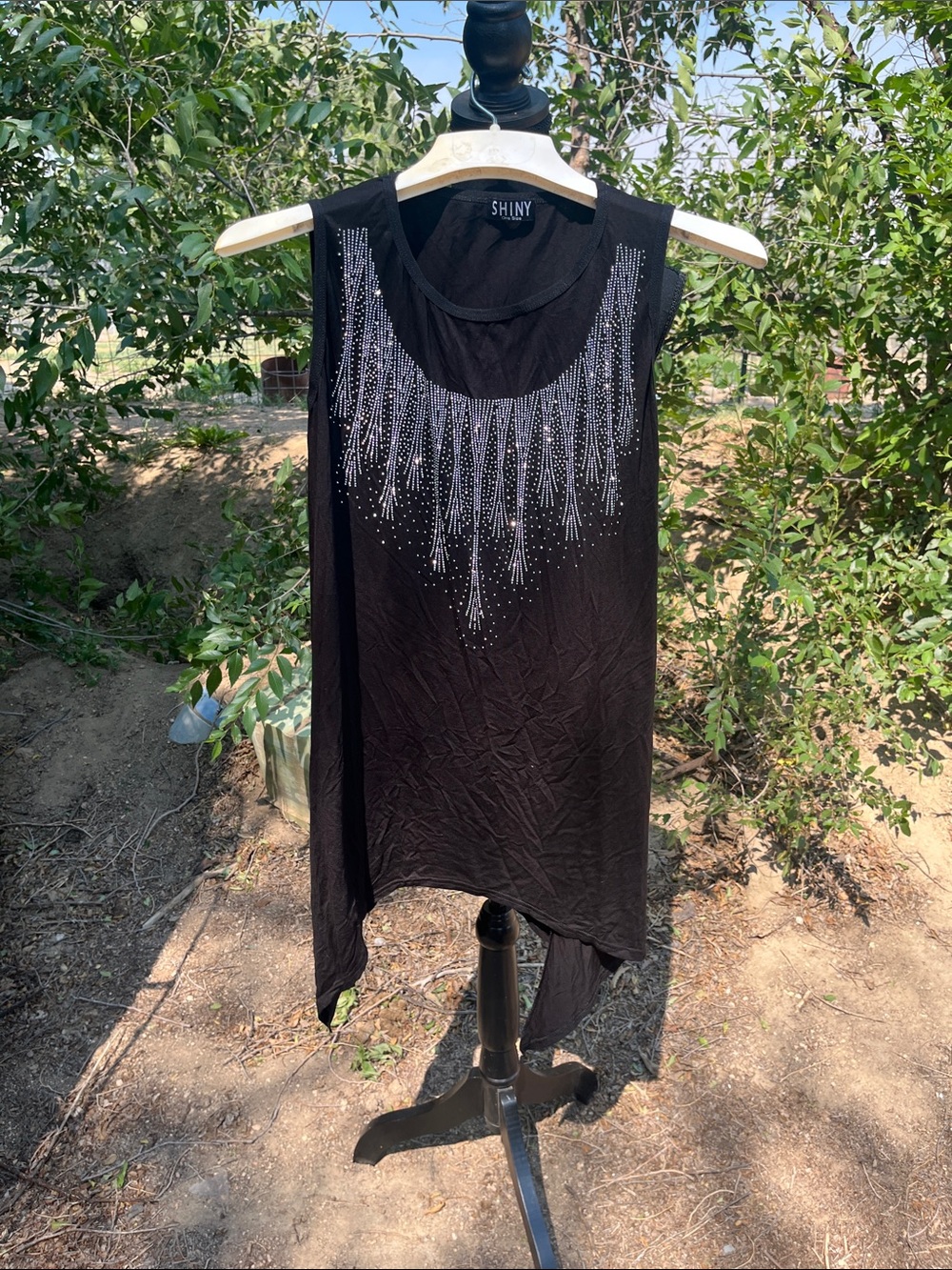 Black Sleeveless Tunic with Silver Bead Fringe look